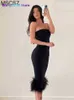 Casual Dresses Women Elegant Black Party Dresses Strapless Backless Bodycon Summer Dress Sexy Corset Top Midi Dress With Feather 022123H