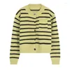 Women's T Shirts 2023 Autumn Light Luxury Fashion Green Striped Sweater Tops Long-sleeved Cardigans Short Coats Women Boutique