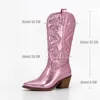 Bottes Rose Cowboy Cowgirl Western Pour Femmes Zip Brodé Bout Pointu Talon Empilé Mi-mollet Automne Chaussures À La Mode