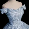 Feestjurken lichtblauw glanzende quinceanera van de schouder kanten bloemen tule ball jurk vloerlengte elegant vestido de baile 230221