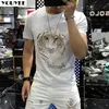 メンズTシャツTシャツTシャツメンズタイガーヘッドラインストーントップトレンドヘビークラフトスリムラウンドネック高品質のマーセル化綿半袖男性トップZ0221