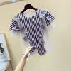 Women's Blouses Ruffles Striped Women Shirts Summer Design 2023 O-Neck Slim Elegant Female Outwear Coats Top Quality