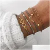 Charm Bracelets Cr Jewelry Alloy Bracelet Hollow Double Love Pentagram Moon Natural Stone Diamond Strands Set Wholesale Manufacturers Dhuc3