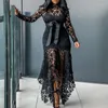 Plus Size Dresses Pure Color 2023 Clothing Elegante Lace Hollow Out Long Sleeve Stand Up Collar High Waist Tie Irregular