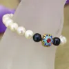 Strand 9-10mm Natural White Black Nearround Pearl Beads Armband Bangle Gold-Color Cloisonne Fashion Jewelry 7.5-tum B3095