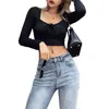 Kvinnors T-skjortor Meihuida 2023 Sexig kvinnor Square Neck T-shirts Inslagna Croped Top Bow Knot bunden Casual Long-Sleeve Ruffle Summer Ytterkläder