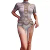 Scene Wear Sexig Stretch Dance Leotard Costume Performance Party Celebrate Show Stones Fashion Rhinestones Pearls Bodysuit