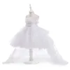 Abiti da ragazza Bianco Trailing Battesimo Neonata Abito Elegante Fiocco Festa Matrimonio Compleanno Pizzo Abiti da damigella d'onore Abito da prima comunione