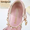 Sandals Girls Glitter Sandals Children High Heels Shoes Kids Performance Crystal Sandals Baby girl Catwalk Princess Children Shoes 230220