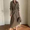 Casual Dresses 2023 Elegant Ladies Long Shirt Dress Autumn Lapel Sleeve Party Sun Skirt Office Pure Color