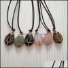 Pendentif Colliers Agate Naturelle Rose Quartz Cristal Pierre Fil Enroulé À La Main Arbre De Vie Goutte Or Sier Couleur Necklac Mjfashion Del Dhdsv