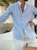 Casual shirts van heren Hawaiiaans lonend laderse lapwerk Striped lange mouw mode mode hoogwaardige vakantiekandkraag snel droge val 230221