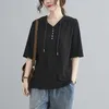 여자 T 셔츠 여성의 여름 단색 후드 후드 짧은 슬리브 티셔츠 느슨한 한국 패션 탑