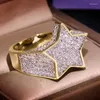 Cluster Rings Real 18k Yellow Gold Men's Ring Hip Hop Iced Out High Quality Micro Pave Diamond Finger Stars For Men Fine Jewelry