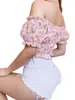 여자 T 셔츠 여성의 섹시한 보트 목 프릴 스릴 스록 크롭 탑 플로럴 프린트 짧은 슬리브 셔드 블라우스 탑 워메 멘스