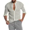 Mannen katoenen linnen overhemd effen kleur lange mouw vest lange mouw voor mannen casual losse kraagloze knop mannelijke man shirts