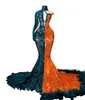 Contrast Color Sequined Lace Evening Dresses Orange hunter green gillter feather Mermaid Black Girls aso ebi Prom Gowns