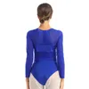 Stage Draag vrouwen rond nek lange mouwen glanzende pailletten mesh splice gymnastics turnard bodysuit ballet dancewear performance kostuum