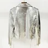 Women's Leather HIGH QUALITY Est 2023 Designer Fashion Women's Lacing Up Metallic Silver Synthetic Motorcycle Biker Jacket