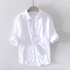 メンズカジュアルシャツデザイナー100リネン長袖シャツブランドソリッドホワイトボタンアップトップ230221