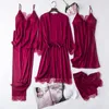 Women's Sleepwear 5PCS Set Sexy Ladies Silky SatinKimono Bathrobe Gown Nightgown Casual Lounge Nightwear Intimate Lingerie Homewear