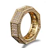 Cluster Rings Hip Hop Micro Paled Cubic Zirconia Bling Out Geometric Octagon Finger For Men Rapper Jewelry Gold Silver Color