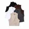 Women's Tanks Elastic Rib Knit Sleeveless Tops Women Summer Crop Top Black White Basic Shirts Casual Solid Stand Collar Sport Vest Tank