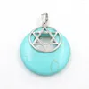 Pendentif Colliers FYJS Unique Argent Plaqué Rose Rouge Agates Hexagramme Étoile Ronde Creuse Amulette Vert Turquoises Pierre Bijoux