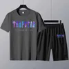 メンズTシャツサマートラプスターショーツとTシャツセット100コットンメンズTシャツブルーレタープリント2ピーススーツ女性用トラックスーツ無料Z0221