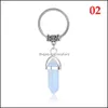 Key Rings Natural Stone Hexagonal Prism Keychains Sier Color Healing Pink Crystal Car Decor Keyholder For Women Men Drop levering Jood DHZ58