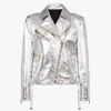 Women's Leather HIGH QUALITY Est 2023 Designer Fashion Women's Lacing Up Metallic Silver Synthetic Motorcycle Biker Jacket