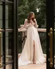 Sukienki imprezowe proste szyfonowe suknia ślubna vneck długie rękawy zwykłe białe suknie ślubne wysokie rozdzielone guziki Tiul Backless Train Vestidos 230221