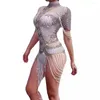 Scene Wear Sexig Stretch Dance Leotard Costume Performance Party Celebrate Show Stones Fashion Rhinestones Pearls Bodysuit