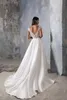 Party Dresses Open Back Sleeveless Satin Deep V Neck Boho Lace Applique Aline Wedding Dress Sweep Train Gown Bridal 230221