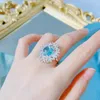 Cluster Rings Fashion Bright Aquamarine Starlight Snowflake Moonstone Open Adjustable Couple Ring For Women Sapphire Engagement Jewelry