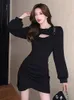 Casual Dresses Qweek Sexy Black Hollow out Mini Dress Women Bodycon Wrap Slim Short Party Evening 2023 Autumn Outfits Robes Female
