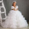 Girl Dresses White Tiered Ball Gown Flower For Wedding 2023 Short Puffy Sleeves Glitter Sequined Appliques First Communion Gowns