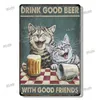 Birra e gatto Poster in metallo vintage Gatto divertente Decorazione retrò Targa in metallo Bar Club Cafe Targa artistica da parete Decorazione domestica moderna Estetica Pittura per animali domestici carini 20x30 cm W01