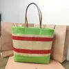 7A Stripes Straw Shopping Bags Femmes Lafite Grass Sacs à main Grande capacité Fourre-tout creux Mode Sac à bandoulière Poignée en cuir véritable Lettre brodée Sac de plage