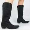 Stövlar 2023 Spring Autumn Fashion Mid Calf Pointed Toe Square Heels Big Size 43 Platform Slip On Western Embroider