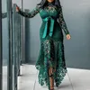 Plus Size Dresses Pure Color 2023 Clothing Elegante Lace Hollow Out Long Sleeve Stand Up Collar High Waist Tie Irregular