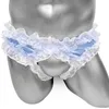 Cueca de roupas masculinas luxuosa cuecas de cetim brilhantes Sissy Sissy com babados calcinhas de renda de renda aberta do pênis frontal