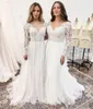 Party Dresses Lsyx Bohemian Long Sleeves Wedding Dress For Women Corset Low Back Floor Length Lace Appliques White Tulle Chiffon Bridal Gown 230221