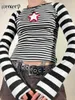 Dames T -shirt WeeKeK Autumn T -shirt Vintage Star Print Striped Striped lange mouw Crop top voor vrouwen Harajuku Casual pullovers y2k esthetische dames 230220