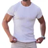 Erkek Tişörtleri Erkek Tişört Spor Salonu Fitness Sıradan Şeritli Kısa Kollu Tees Üstler Egzersiz İnce Uygun Düz Renk Yuvarlak Boyun Tişört