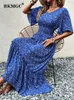 Casual Dresses Bkmgc Blue Mint Green Loose Short Sleeve Middle midje V-ringning A-Line Flower Print Elegant Women Long Summer Dress 2857 230221