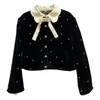 Women's Jackets PREPOMP 2023 Winter Arrival Long Sleeve Bow Collar Rhinestone Beadings White Duck Down Liner Velvet Coat Women GH173