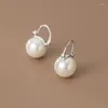 Boucles d'oreilles créoles Real. 925 Sterling Silver Fine Jewelry Round Shell Pearl Ear-bone Leverback Piercing C-G7102