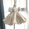 Mädchen Kleider Baby Mädchen Prinzessin Kleid Puff Sleeve Infant Kleinkind Teen Bogen Vestido Gold Party Geburtstag Ballkleid Weihnachten Baby kleidung 1-14Y W0221