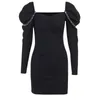 Casual Dresses NCLAGEN 2023 Women Long Sleeve Dress Sexy Square Collar Bubble Vestdio Vintage Fashion Korean Ruched